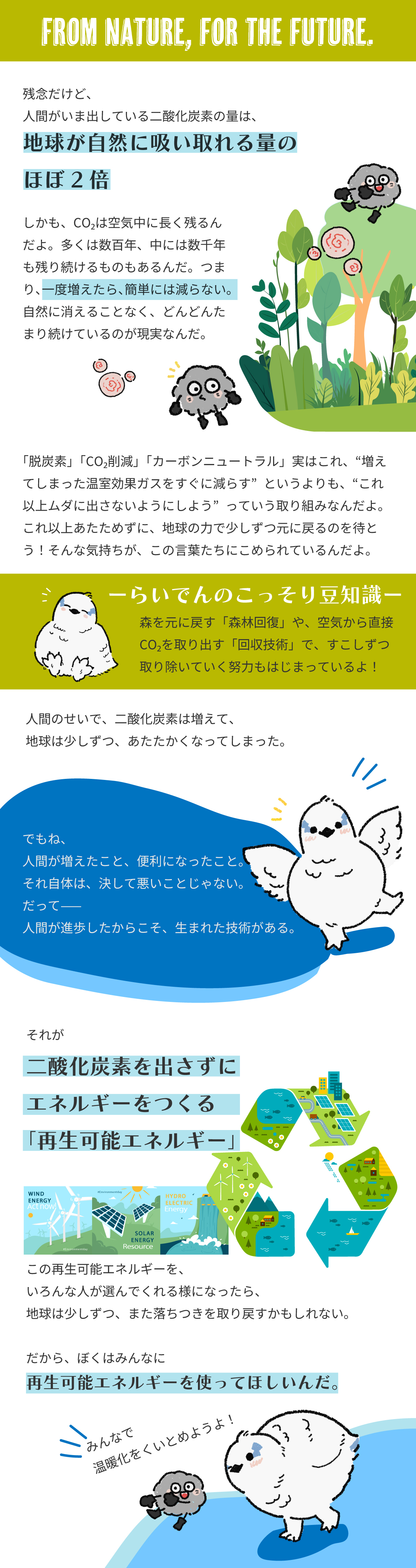 二酸化炭素を出さずにエネルギーをつくる、再生可能エネルギー